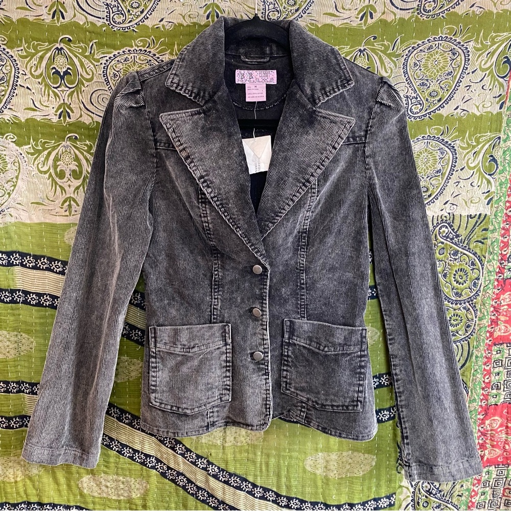 NWT Y2K BB's Closet Gray Distressed Grunge Goth Corduroy Blazer Jacket Medium